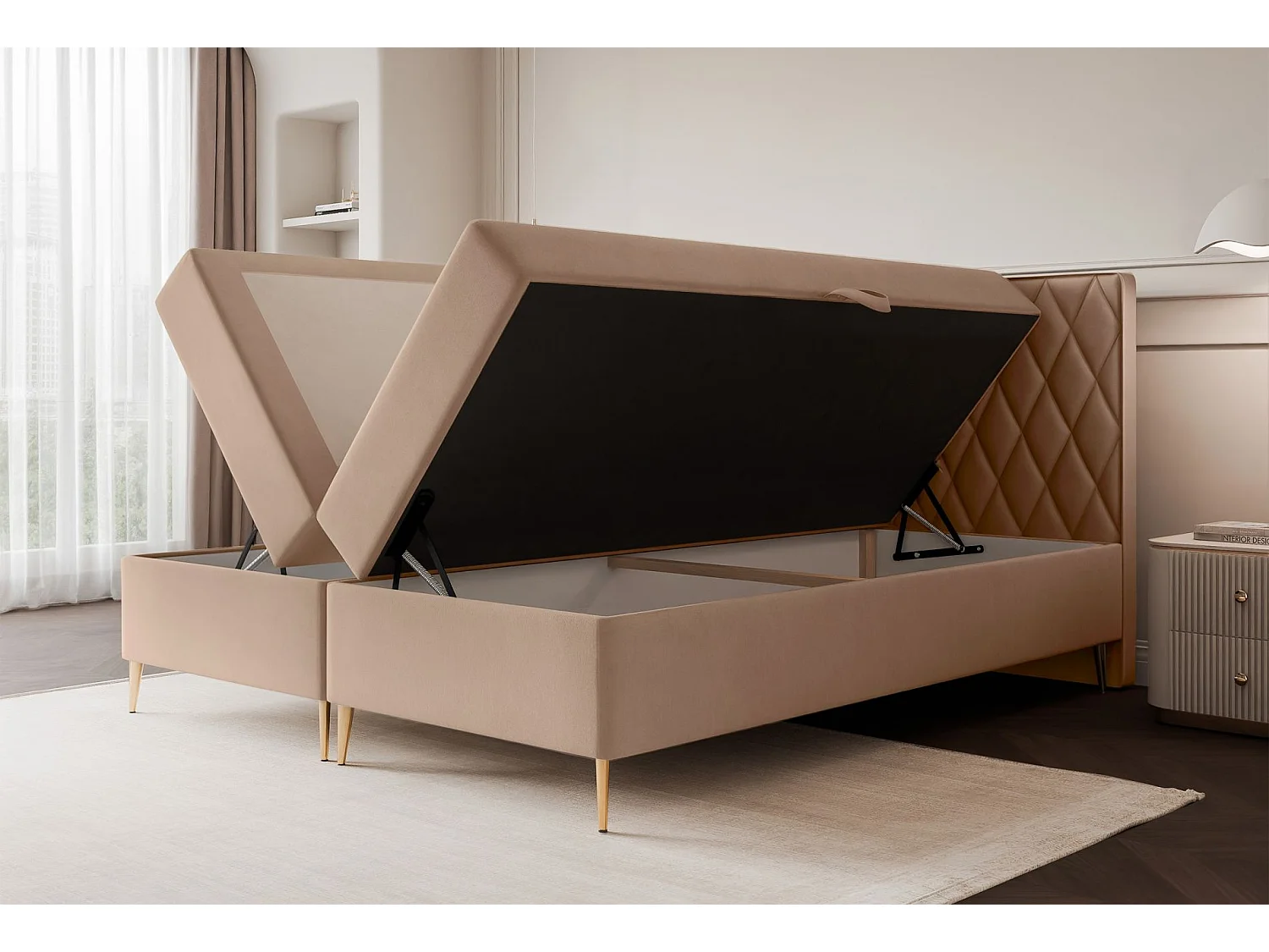 Lit continental - 180x200 cm - en tissu velours beige - CARESSO