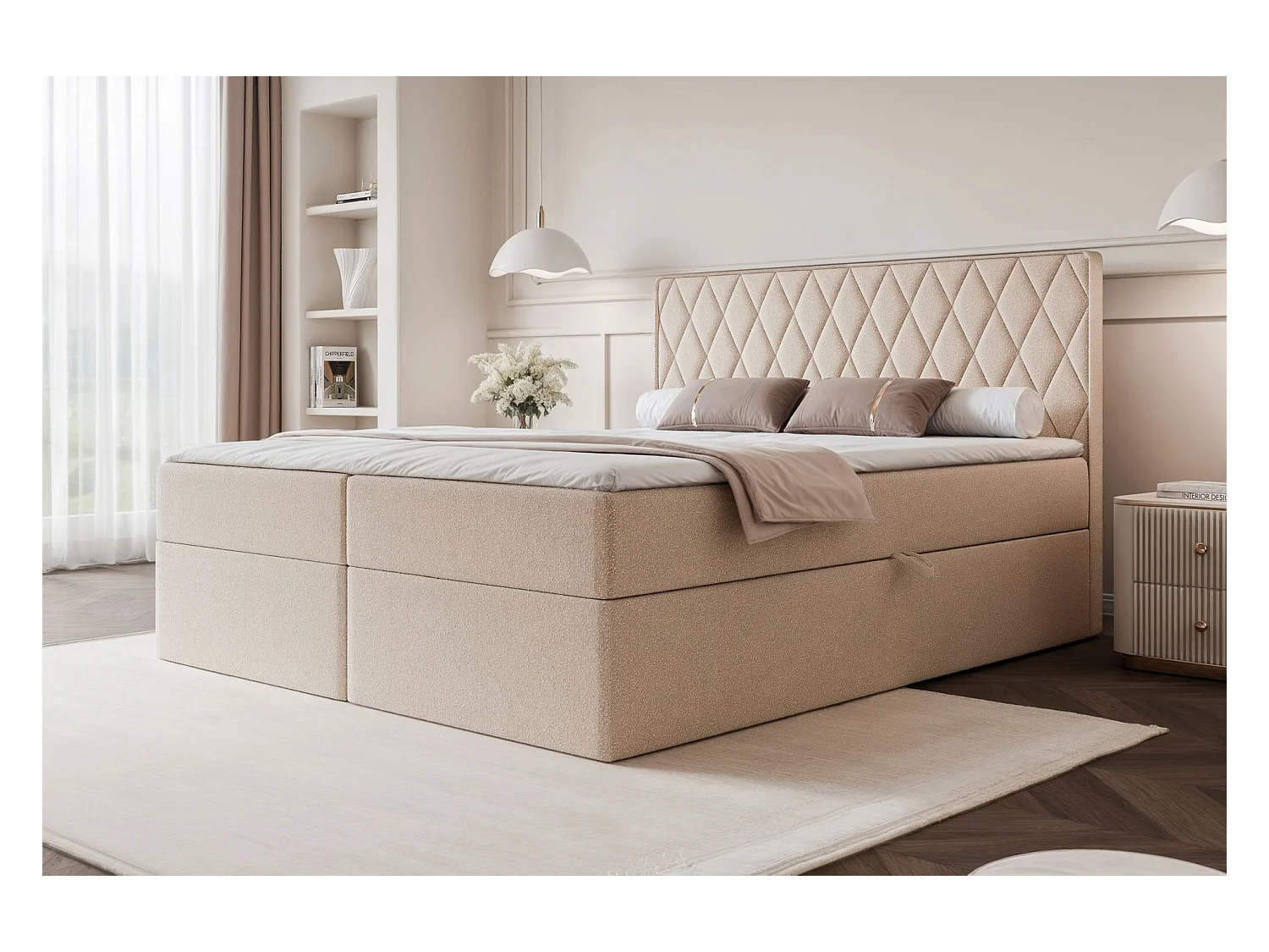 Lit continental - 160x200 cm - en tissu chenille beige - CARENZO
