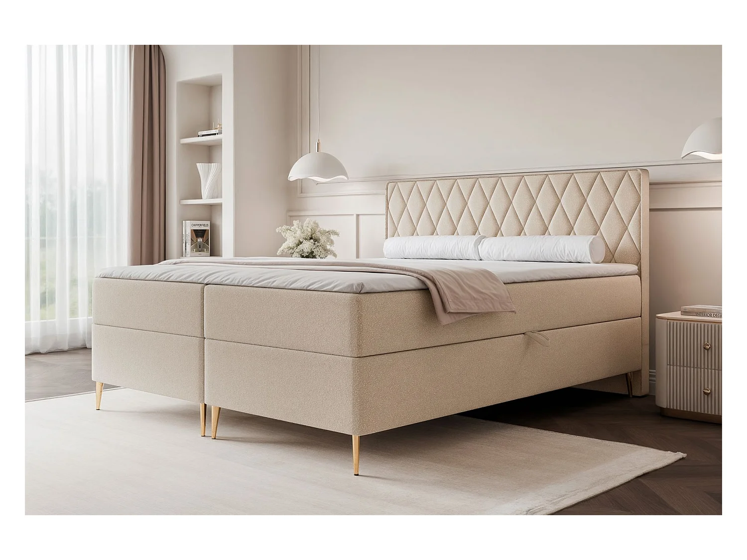 Lit continental - 180x200 cm - en tissu chenille beige - CARESSO