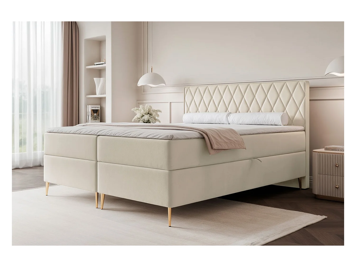 Lit continental - 160x200 cm - en tissu velours beige clair - CARESSO