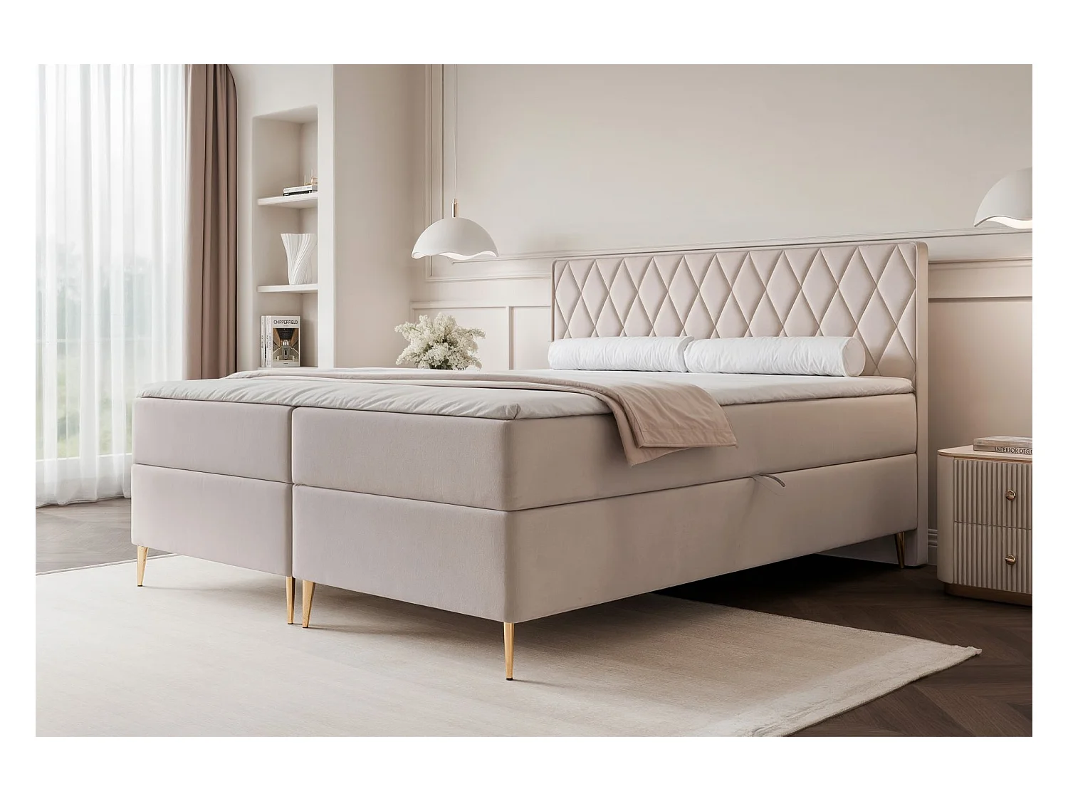 Lit continental - 160x200 cm - en tissu velours grége - CARESSO