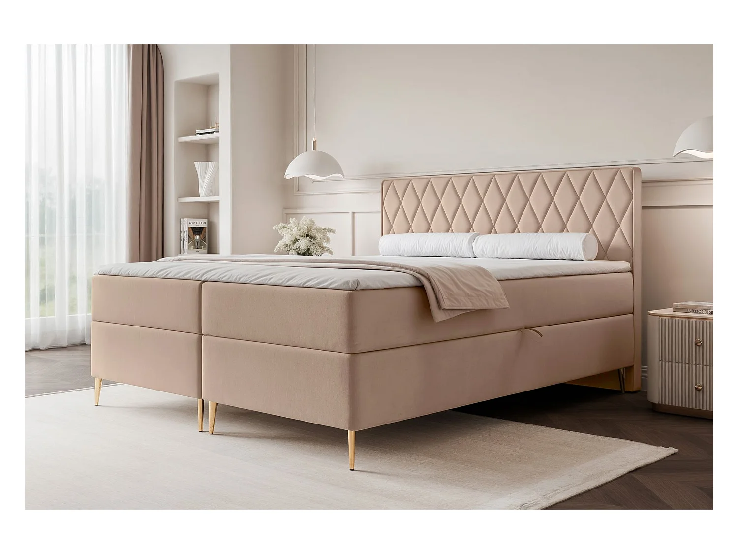 Lit continental - 160x200 cm - en tissu velours beige - CARESSO
