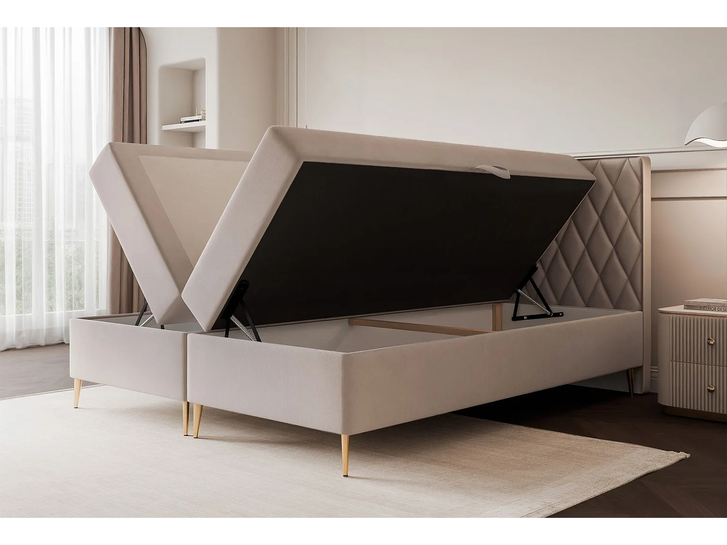 Lit continental - 140x200 cm - en tissu velours grége - CARESSO