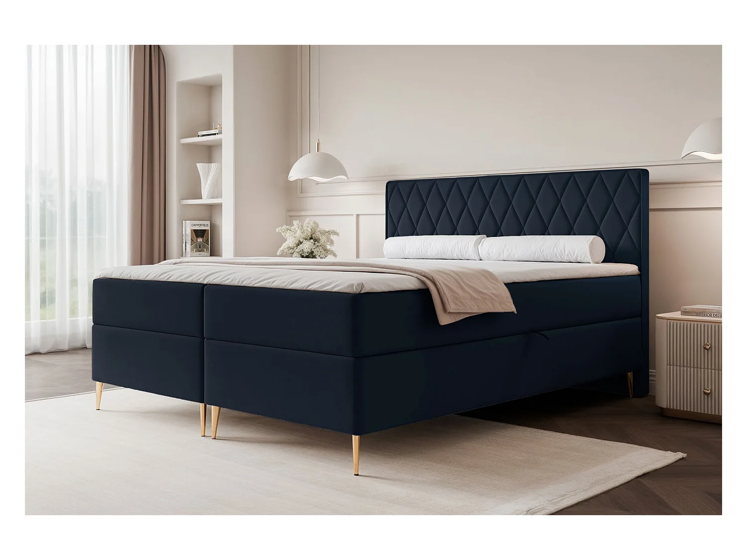 Lit continental - 160x200 cm - en tissu velours marine - CARESSO