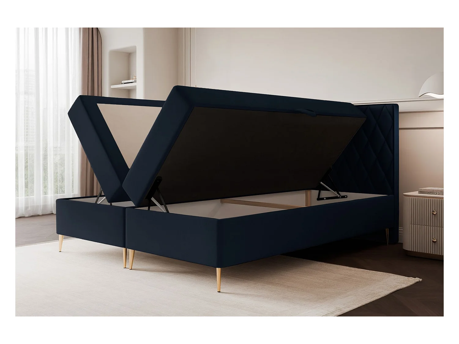 Lit continental - 160x200 cm - en tissu velours marine - CARESSO