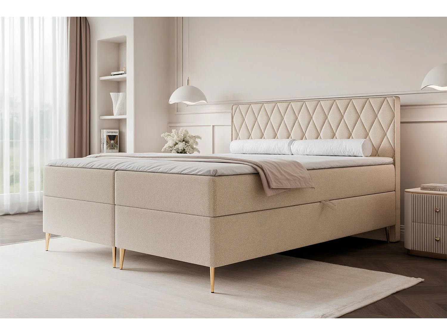 Continentaal bed - 140x200 cm - in beige chenillestof - CARESSO