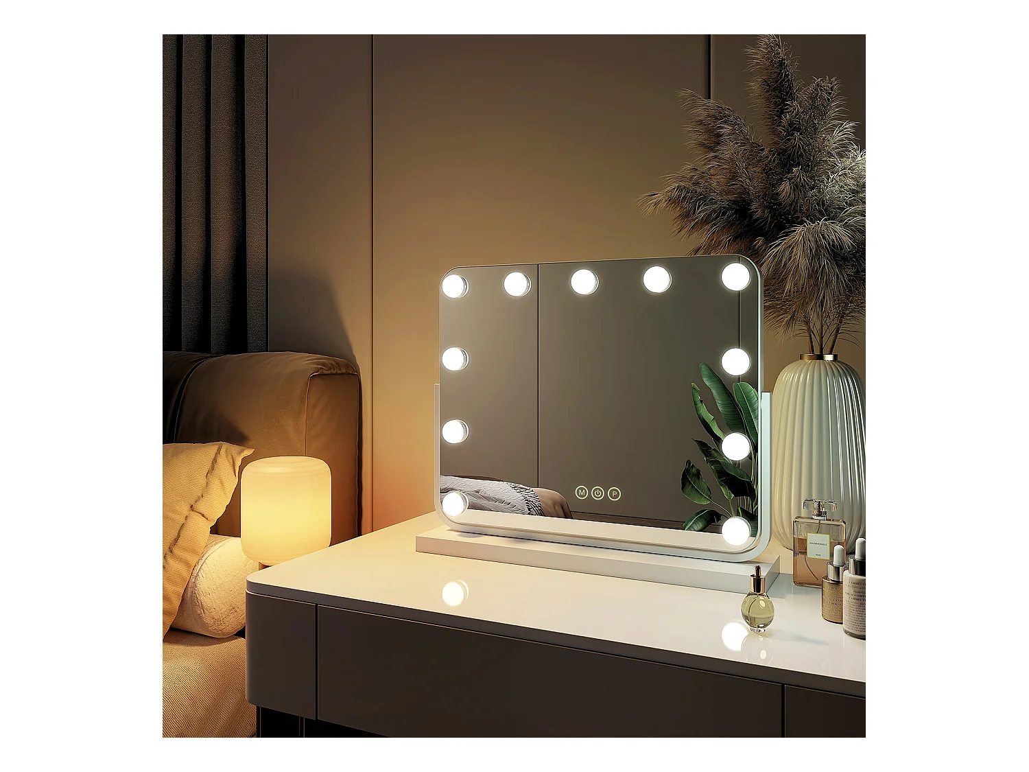 EMKE Hollywood miroir de courtoisie avec lumière, 50x41.6cm rectangulaire blanc, miroir de coiffeuse pivotant à 360°, avec 3 lumières dimmables