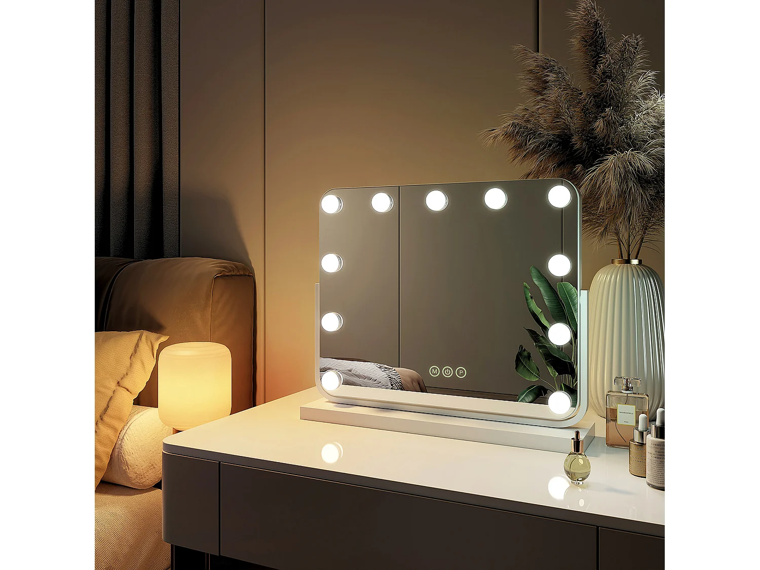 EMKE Hollywood miroir de courtoisie avec lumière, 50x41.6cm rectangulaire blanc, miroir de coiffeuse pivotant à 360°, avec 3 lumières dimmables