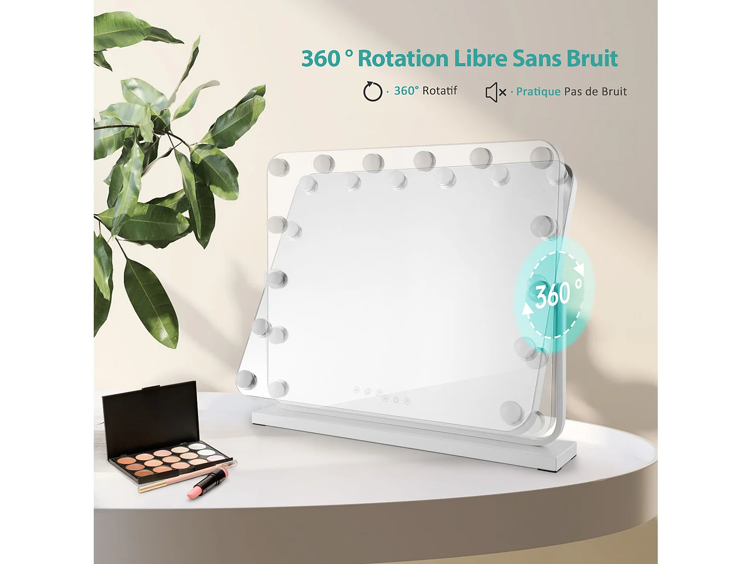 EMKE Hollywood miroir de courtoisie avec lumière, 50x41.6cm rectangulaire blanc, miroir de coiffeuse pivotant à 360°, avec 3 lumières dimmables