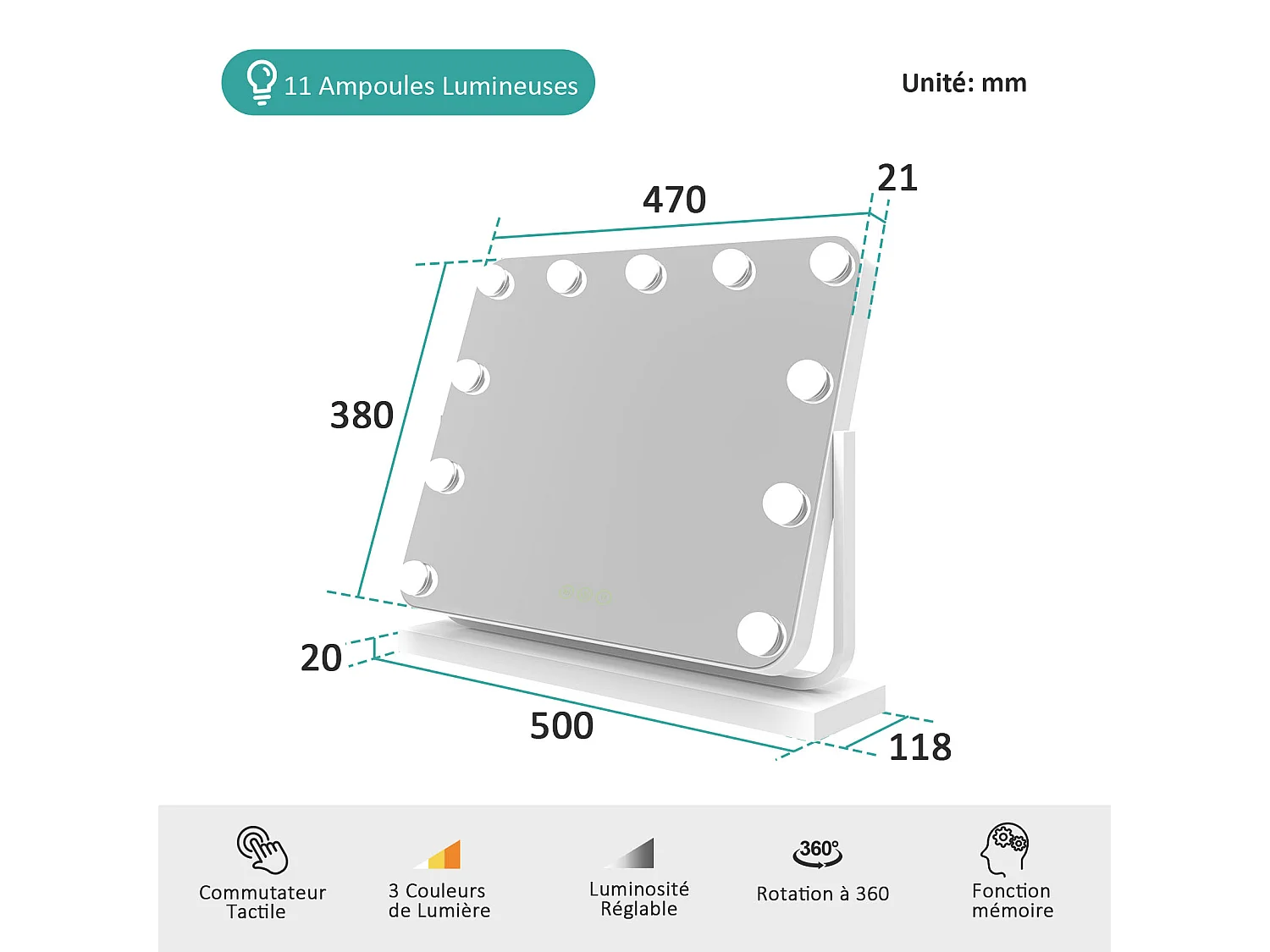 EMKE Hollywood miroir de courtoisie avec lumière, 50x41.6cm rectangulaire blanc, miroir de coiffeuse pivotant à 360°, avec 3 lumières dimmables