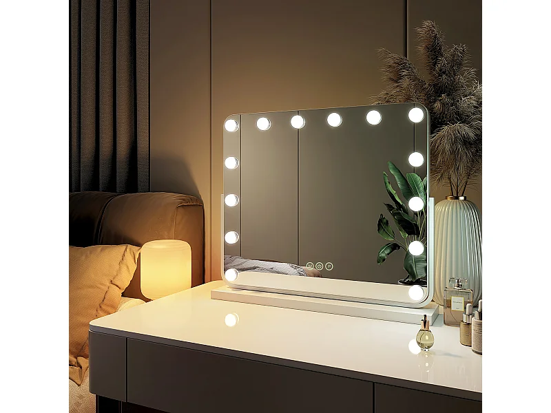 EMKE Hollywood miroir de courtoisie avec lumière, 60x51.6cm rectangulaire blanc, miroir de coiffeuse pivotant à 360°, avec 3 lumières dimmables