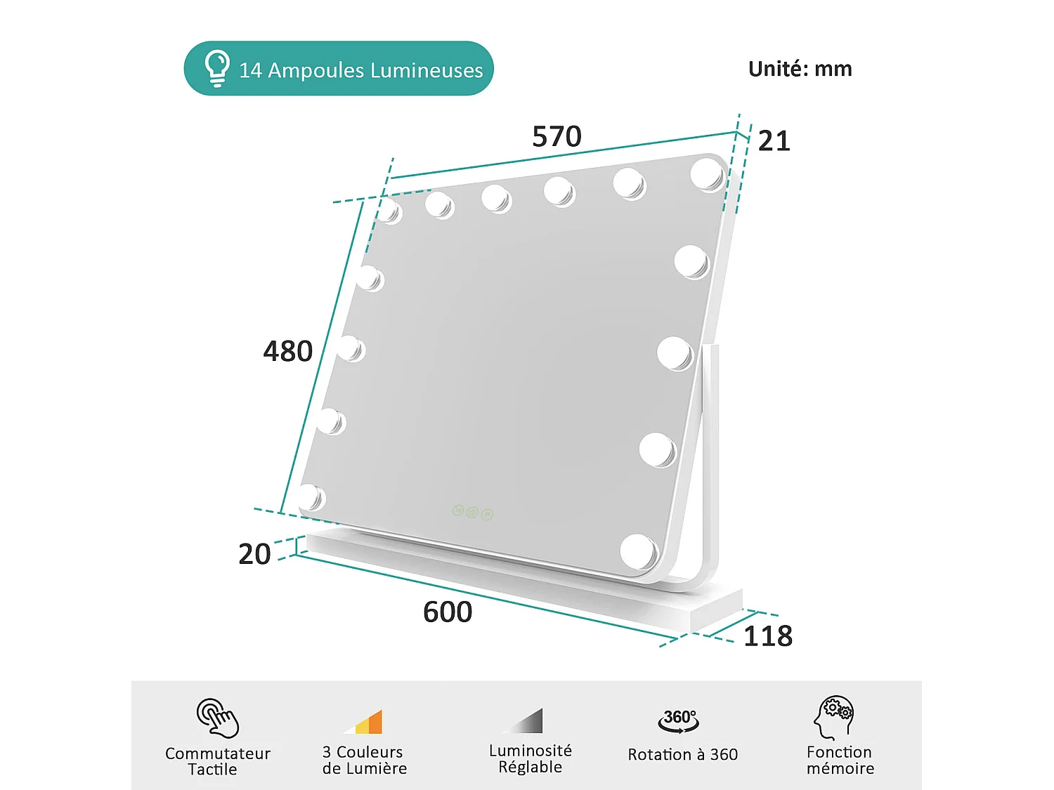 EMKE Hollywood miroir de courtoisie avec lumière, 60x51.6cm rectangulaire blanc, miroir de coiffeuse pivotant à 360°, avec 3 lumières dimmables