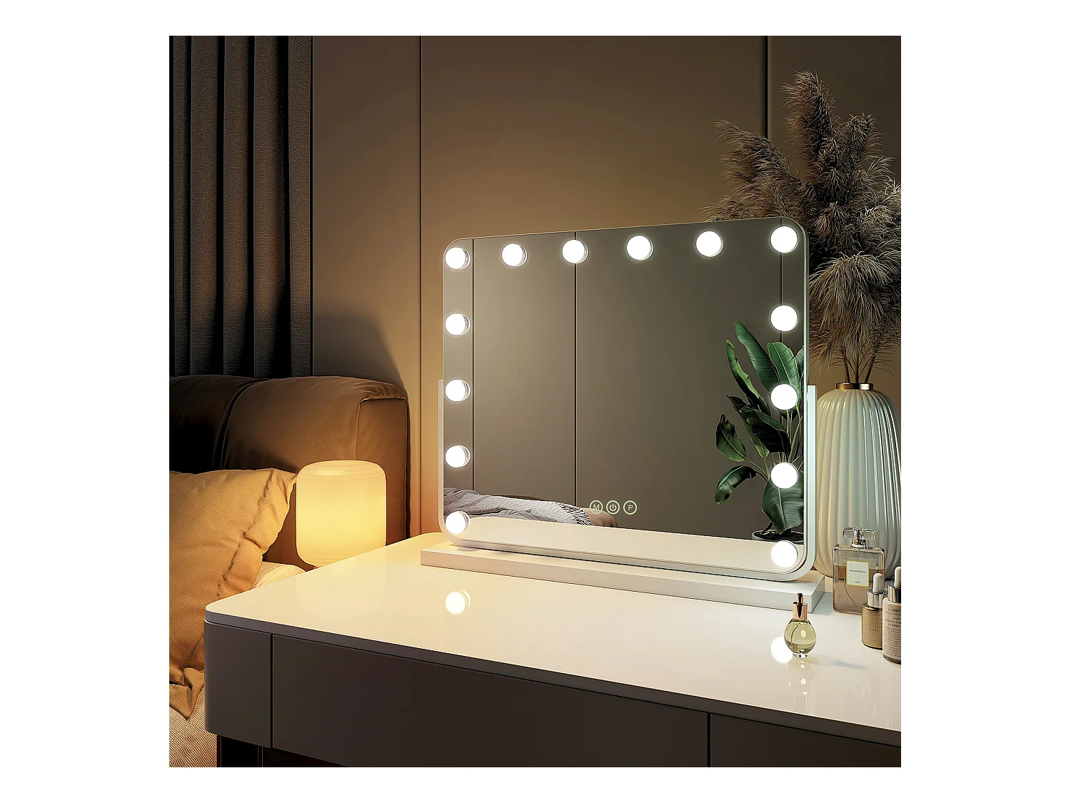 EMKE Hollywood miroir de courtoisie avec lumière, 60x51.6cm rectangulaire blanc, miroir de coiffeuse pivotant à 360°, avec 3 lumières dimmables