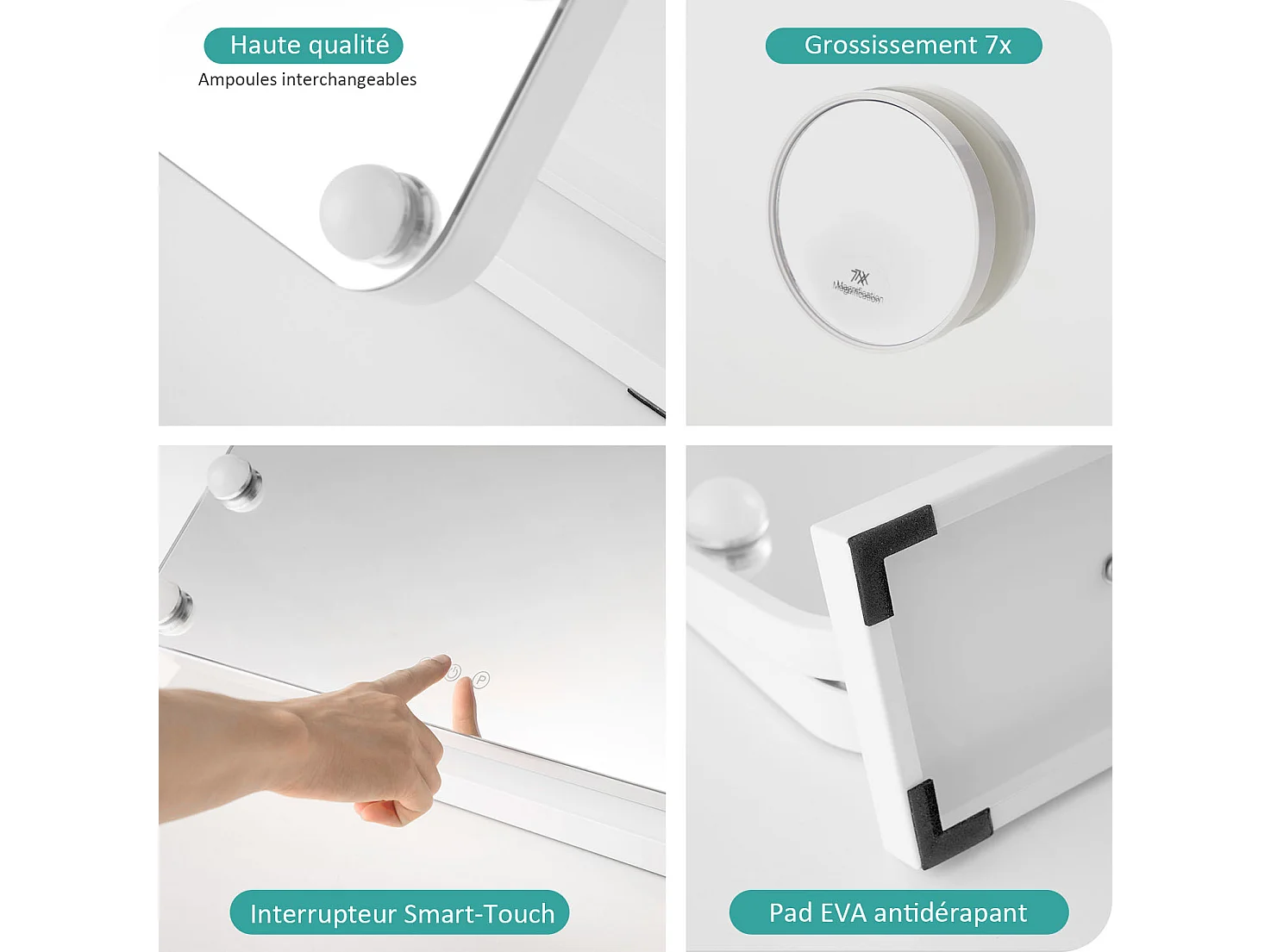 EMKE Hollywood miroir de courtoisie avec lumière, 60x51.6cm rectangulaire blanc, miroir de coiffeuse pivotant à 360°, avec 3 lumières dimmables