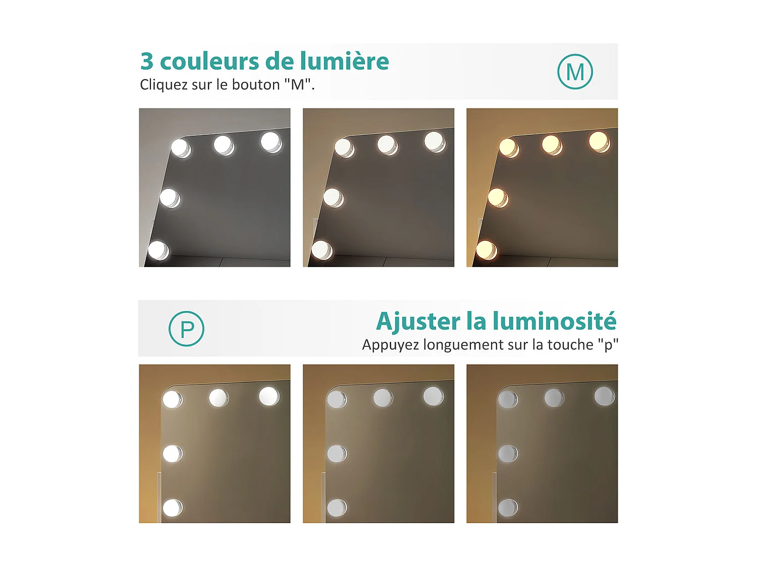 EMKE Hollywood miroir de courtoisie avec lumière, 60x51.6cm rectangulaire blanc, miroir de coiffeuse pivotant à 360°, avec 3 lumières dimmables