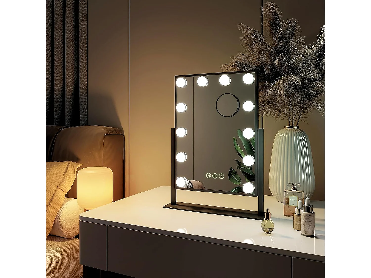 EMKE Hollywood specchio di vanità con luce, 36x30,4 cm nero, specchio di vanità girevole a 360° con 3 luci dimmerabili