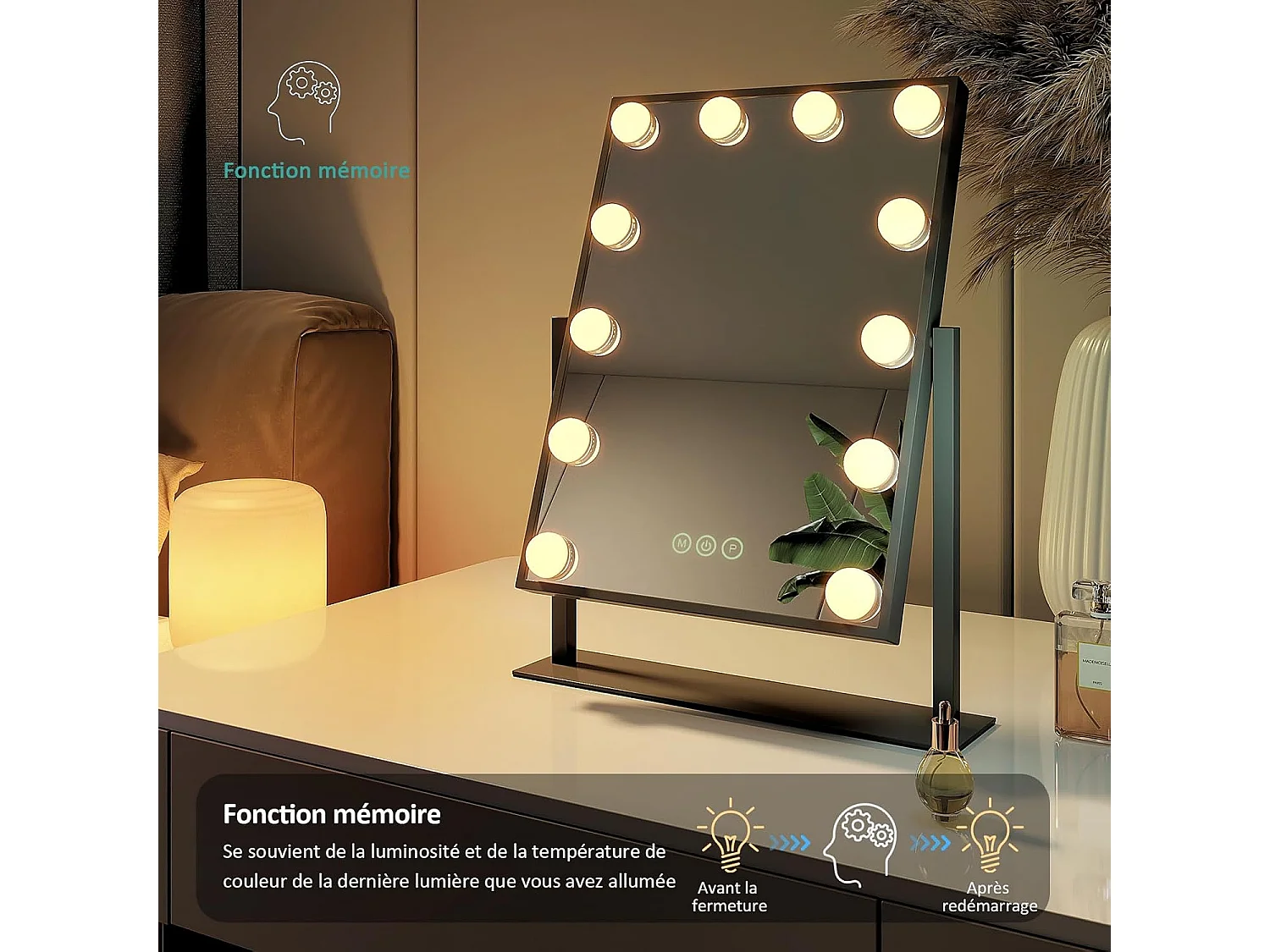 EMKE Hollywood Miroir maquillage avec lumière, 30 x 41cm, Miroir de coiffeuse pivotant à 360°, avec 3 lumières dimmables, Noir