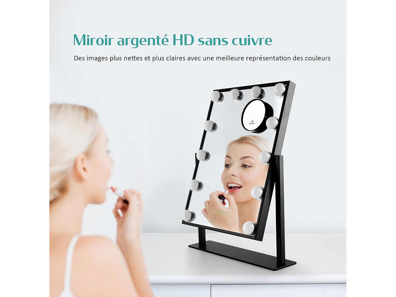 EMKE Hollywood Miroir maquillage avec lumière, 30 x 41cm, Miroir de coiffeuse pivotant à 360°, avec 3 lumières dimmables, Noir