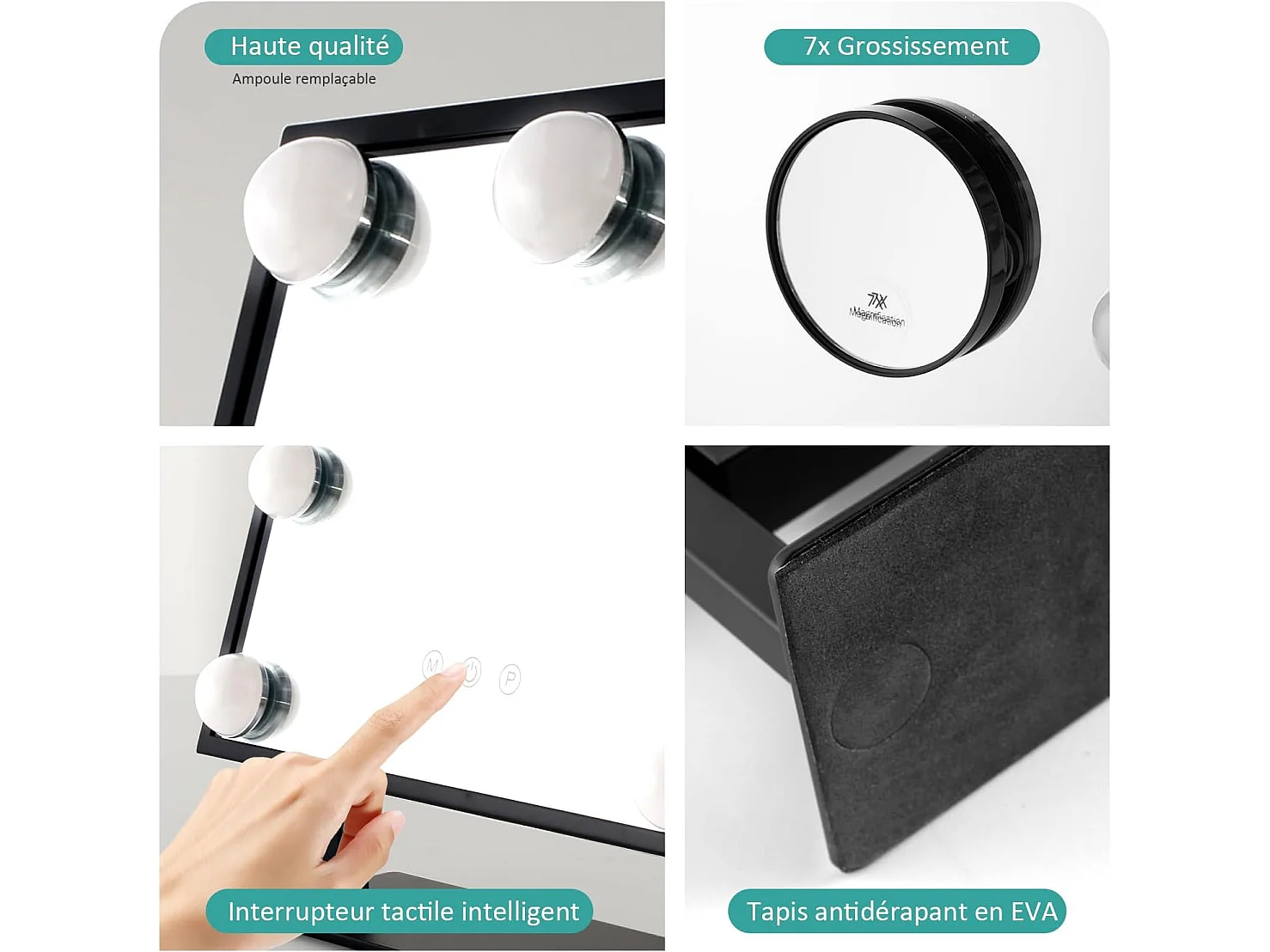 EMKE Hollywood Miroir maquillage avec lumière, 30 x 41cm, Miroir de coiffeuse pivotant à 360°, avec 3 lumières dimmables, Noir