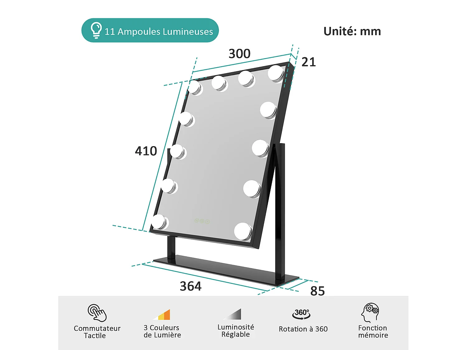 EMKE Hollywood Miroir maquillage avec lumière, 30 x 41cm, Miroir de coiffeuse pivotant à 360°, avec 3 lumières dimmables, Noir