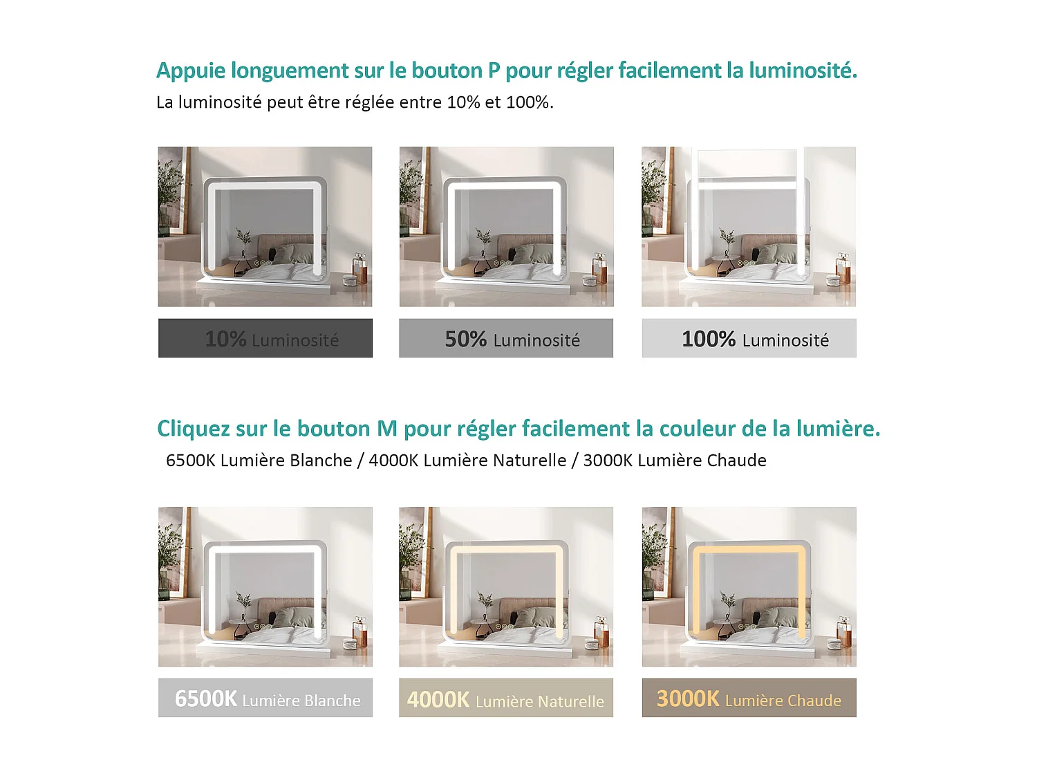 EMKE Miroir cosmétique 60x51.6cm, avec 3 LED de couleur à intensité variable, miroir carré blanc orientable sur 360°