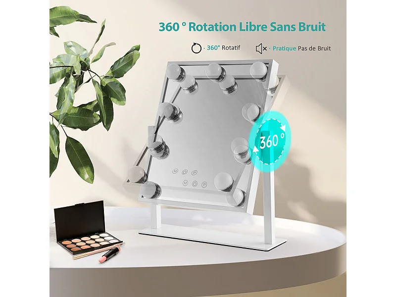 EMKE Hollywood miroir de courtoisie avec lumière, 47.5x36.4cm blanc, miroir de coiffeuse pivotant à 360°, avec 3 lumières dimmables