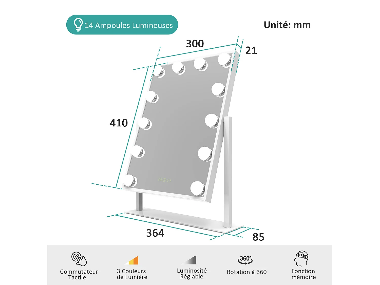 EMKE Hollywood miroir de courtoisie avec lumière, 47.5x36.4cm blanc, miroir de coiffeuse pivotant à 360°, avec 3 lumières dimmables