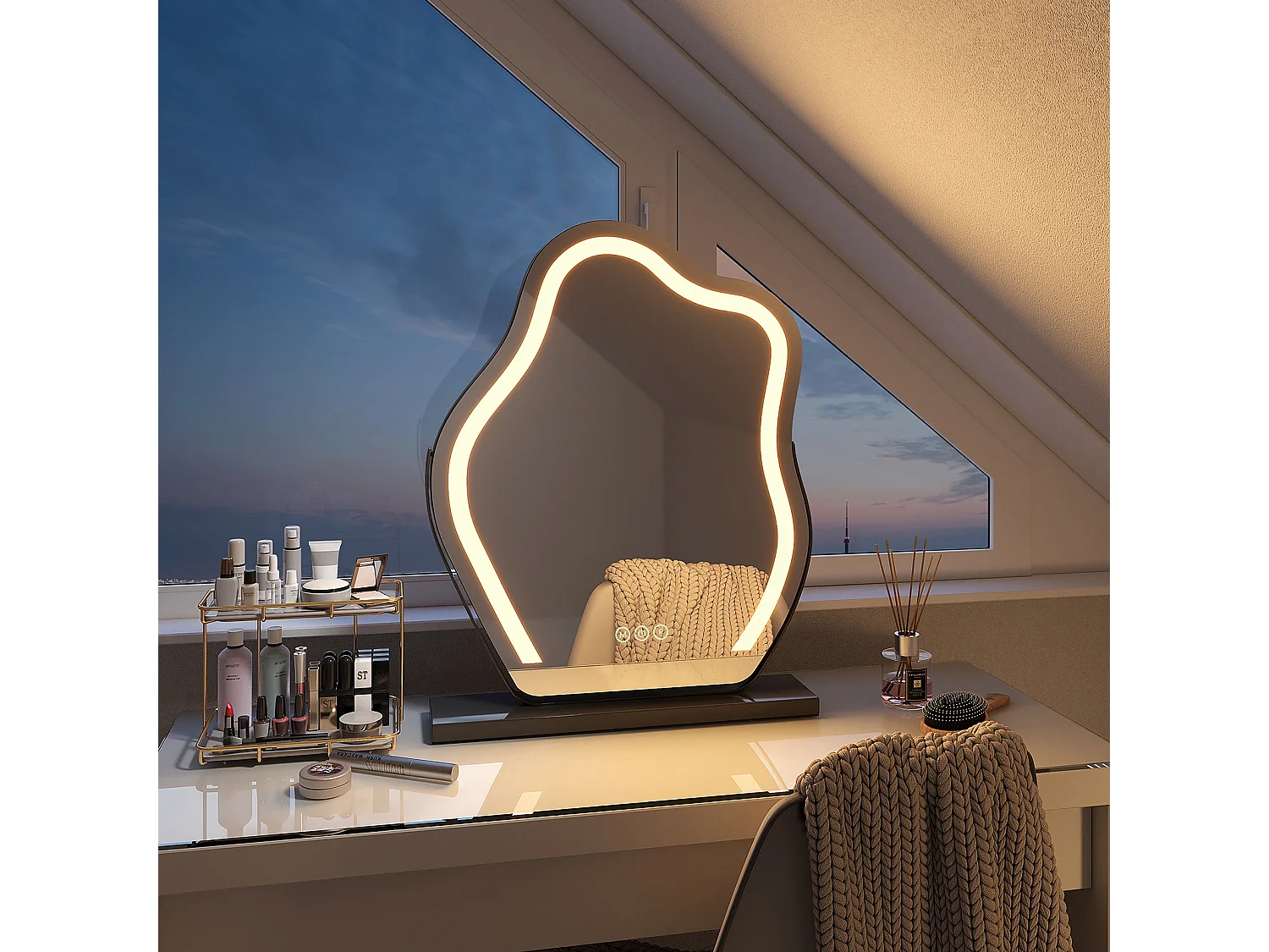 EMKE Miroir de maquillage avec LED Miroir de maquillage irrégulier Interrupteur tactile 3 couleurs Dimmable Rotation à 360°, Cadre Noir 58x45cm
