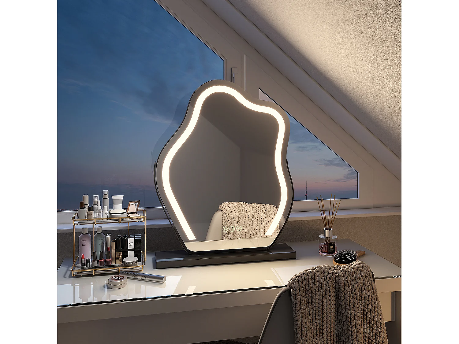 EMKE Miroir de maquillage avec LED Miroir de maquillage irrégulier Interrupteur tactile 3 couleurs Dimmable Rotation à 360°, Cadre Noir 58x45cm