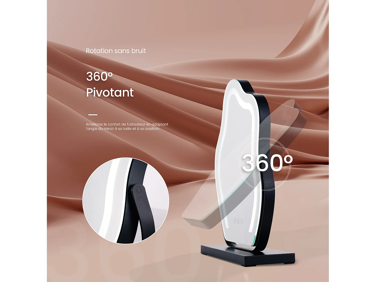 EMKE Miroir de maquillage avec LED Miroir de maquillage irrégulier Interrupteur tactile 3 couleurs Dimmable Rotation à 360°, Cadre Noir 58x45cm