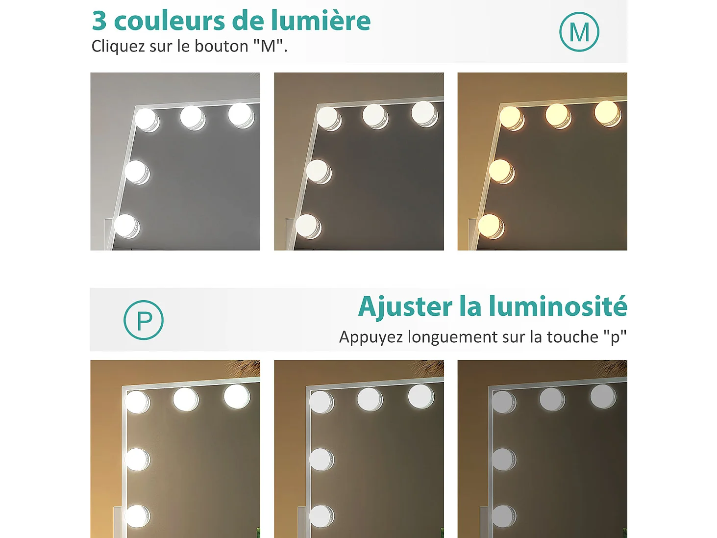 EMKE Hollywood miroir de courtoisie avec lumière, 36x30.4cm blanc, miroir de coiffeuse pivotant à 360°, avec 3 lumières dimmables