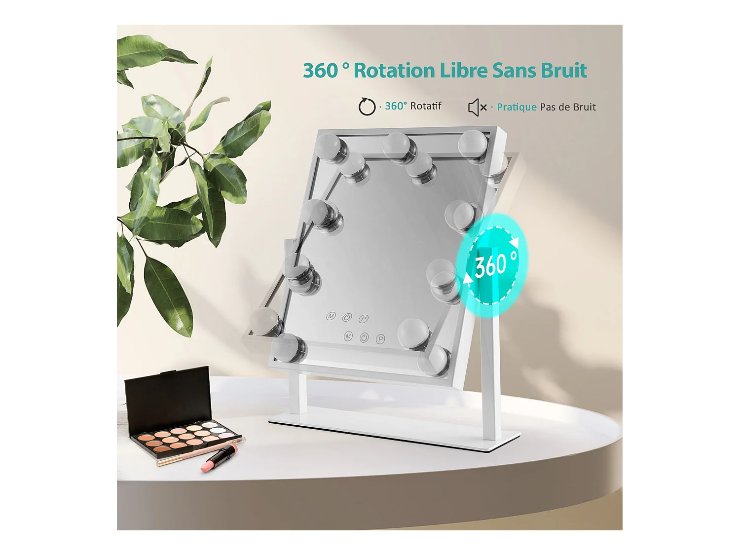 EMKE Hollywood miroir de courtoisie avec lumière, 36x30.4cm blanc, miroir de coiffeuse pivotant à 360°, avec 3 lumières dimmables
