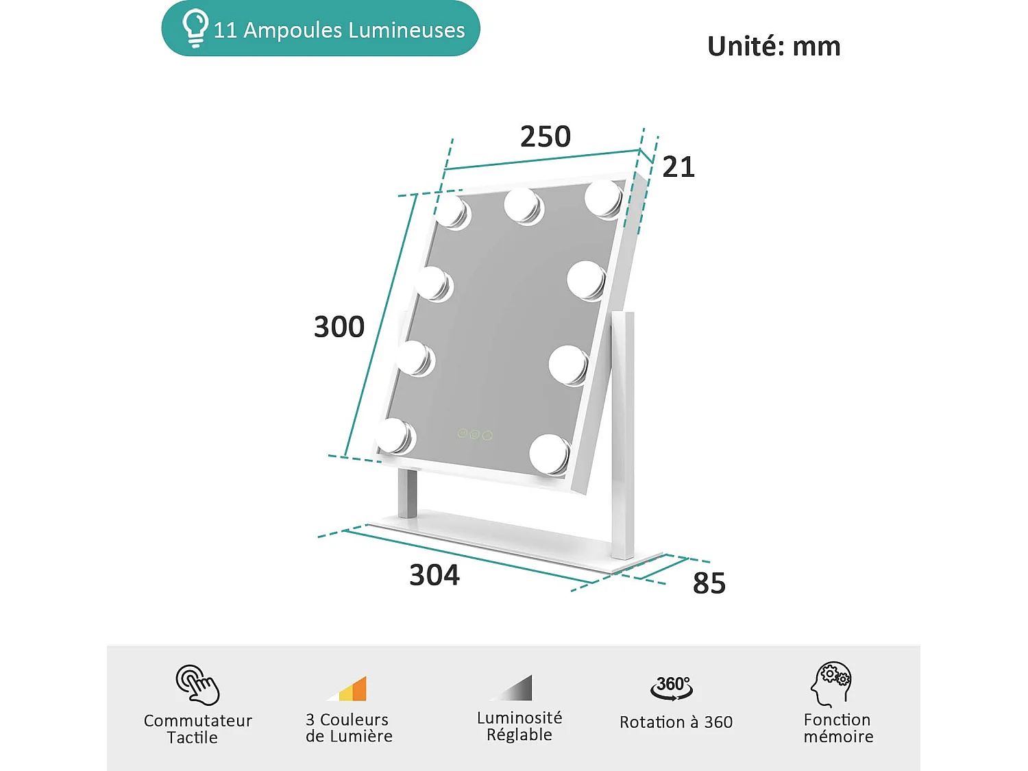 EMKE Hollywood miroir de courtoisie avec lumière, 36x30.4cm blanc, miroir de coiffeuse pivotant à 360°, avec 3 lumières dimmables