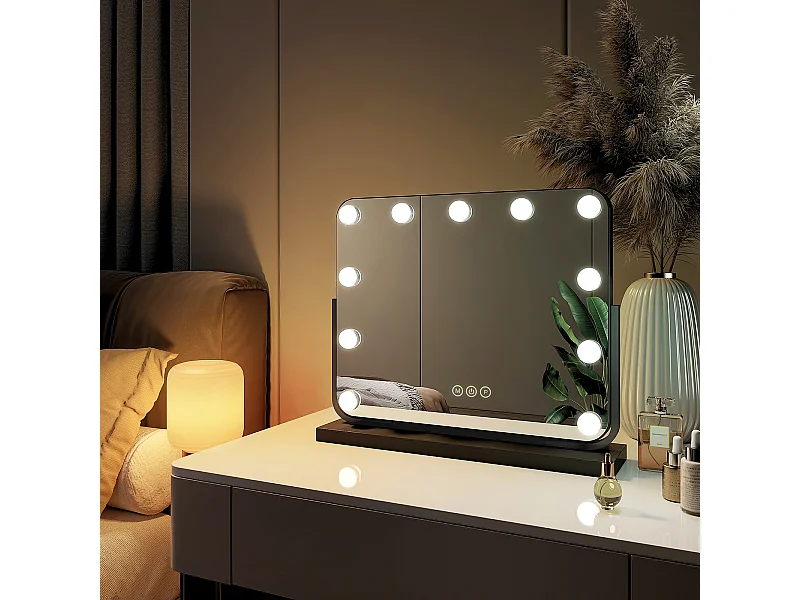 EMKE Hollywood specchio di vanità con luce, 50x41,6 cm rettangolare nero, specchio di vanità girevole a 360°, con 3 luci dimmerabili