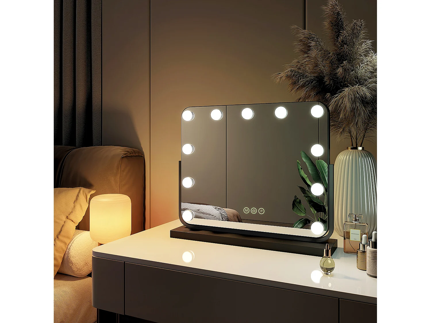 EMKE Hollywood miroir de courtoisie avec lumière, 50x41.6cm rectangulaire noir, miroir de coiffeuse pivotant à 360°, avec 3 lumières dimmables