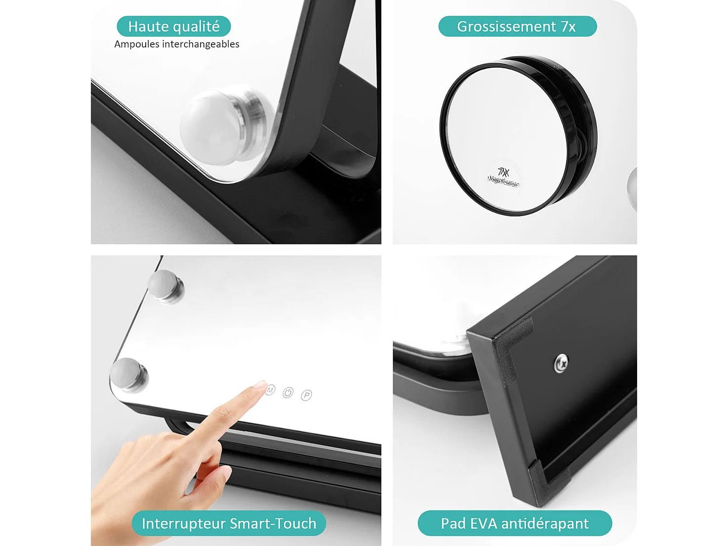 EMKE Hollywood miroir de courtoisie avec lumière, 50x41.6cm rectangulaire noir, miroir de coiffeuse pivotant à 360°, avec 3 lumières dimmables