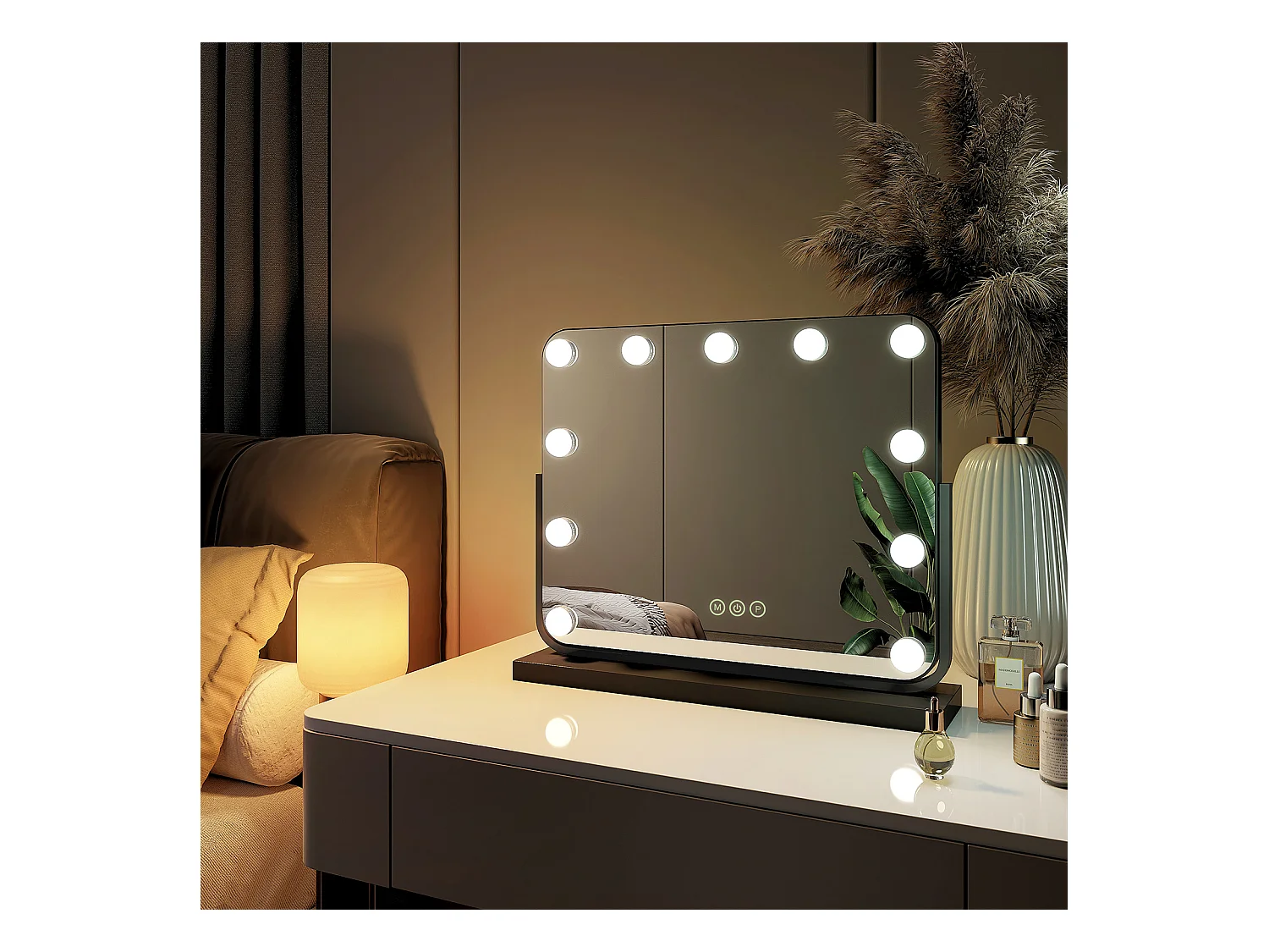 EMKE Hollywood miroir de courtoisie avec lumière, 50x41.6cm rectangulaire noir, miroir de coiffeuse pivotant à 360°, avec 3 lumières dimmables