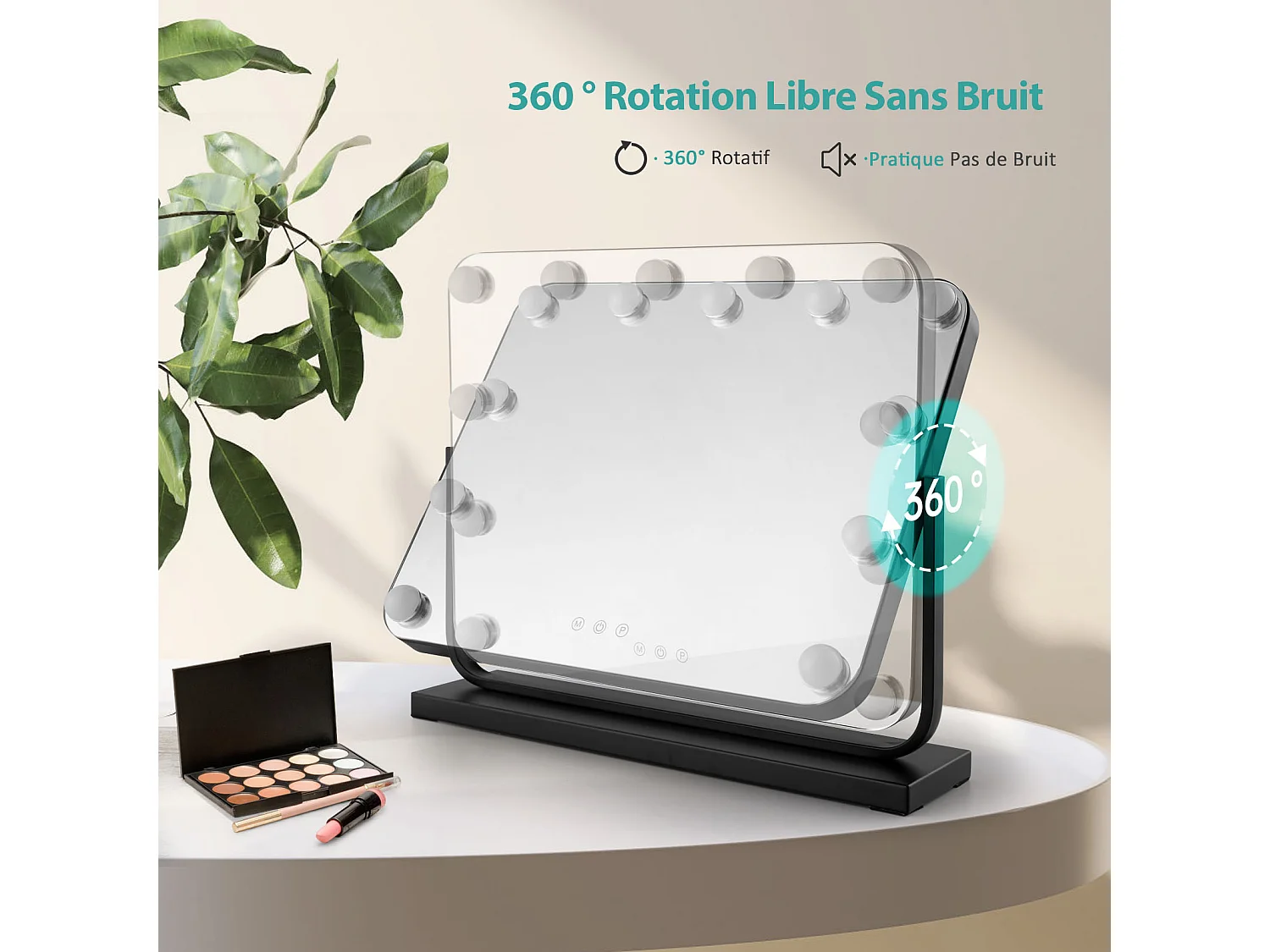 EMKE Hollywood miroir de courtoisie avec lumière, 50x41.6cm rectangulaire noir, miroir de coiffeuse pivotant à 360°, avec 3 lumières dimmables