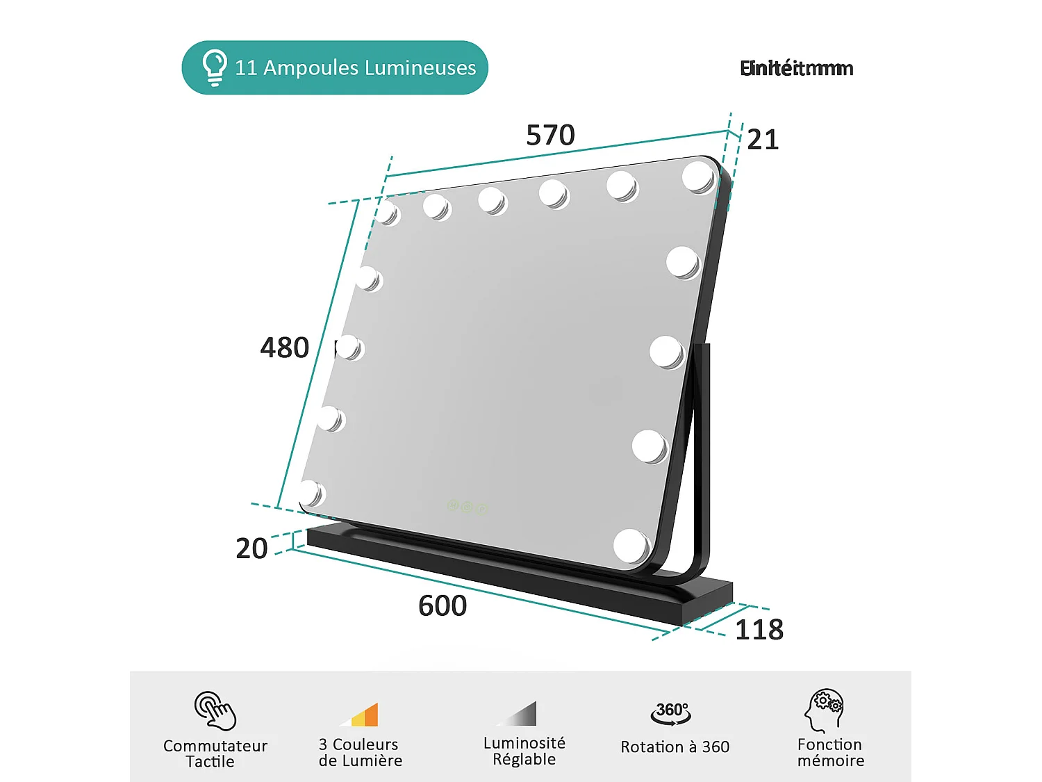 EMKE Hollywood miroir de courtoisie avec lumière, 50x41.6cm rectangulaire noir, miroir de coiffeuse pivotant à 360°, avec 3 lumières dimmables