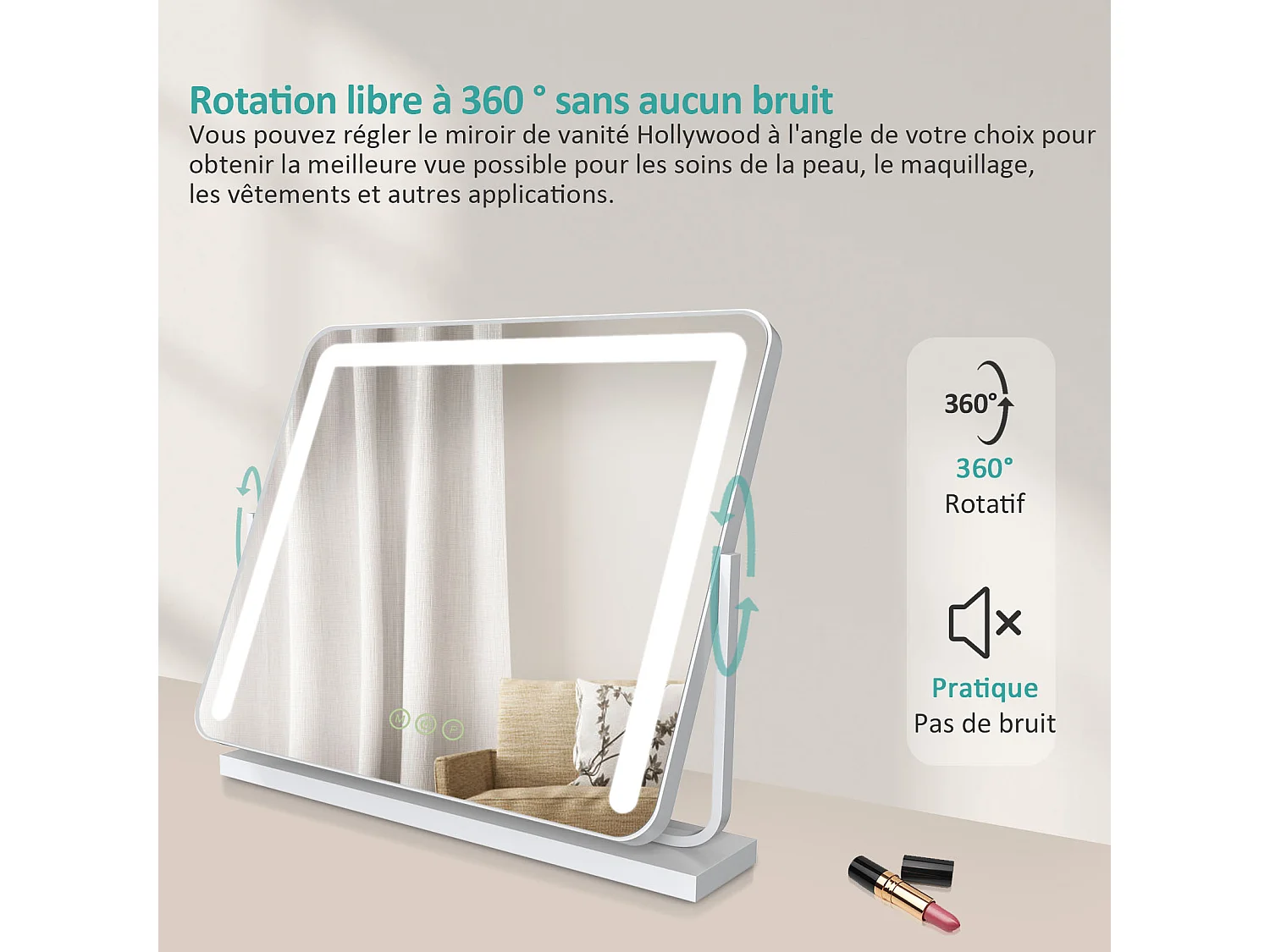 EMKE Specchio cosmetico 50x41,6 cm, con 3 LED colorati a intensità variabile, specchio quadrato bianco ruotabile a 360°