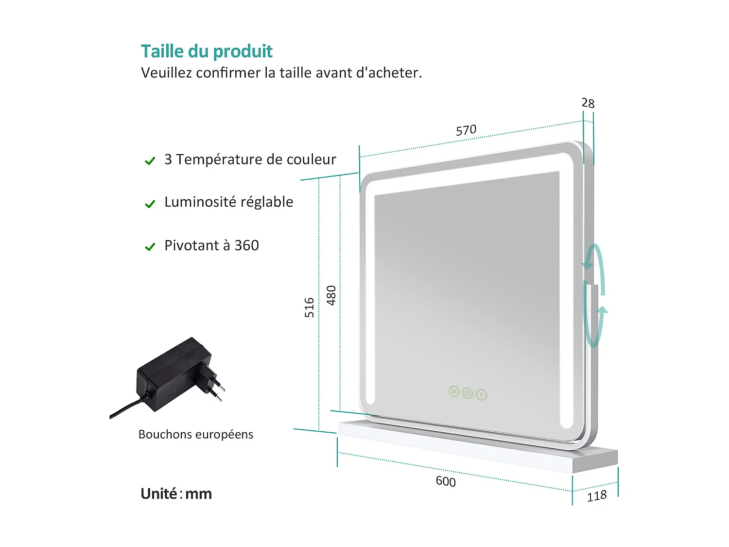 EMKE Specchio cosmetico 50x41,6 cm, con 3 LED colorati a intensità variabile, specchio quadrato bianco ruotabile a 360°