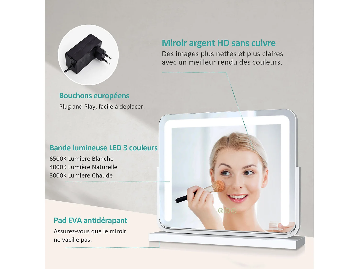 EMKE Miroir cosmétique 50x41.6cm, avec 3 LED de couleur à intensité variable, miroir carré blanc orientable sur 360°