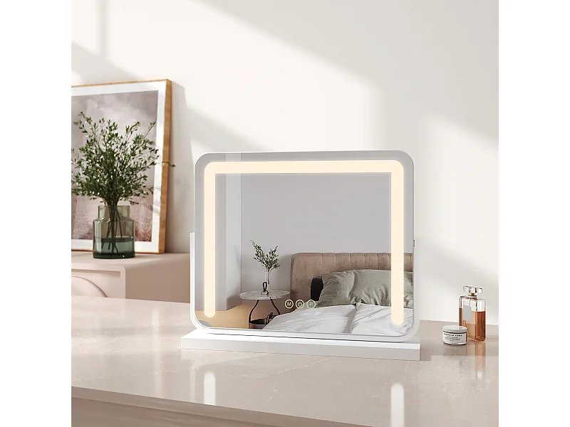 EMKE Specchio cosmetico 50x41,6 cm, con 3 LED colorati a intensità variabile, specchio quadrato bianco ruotabile a 360°
