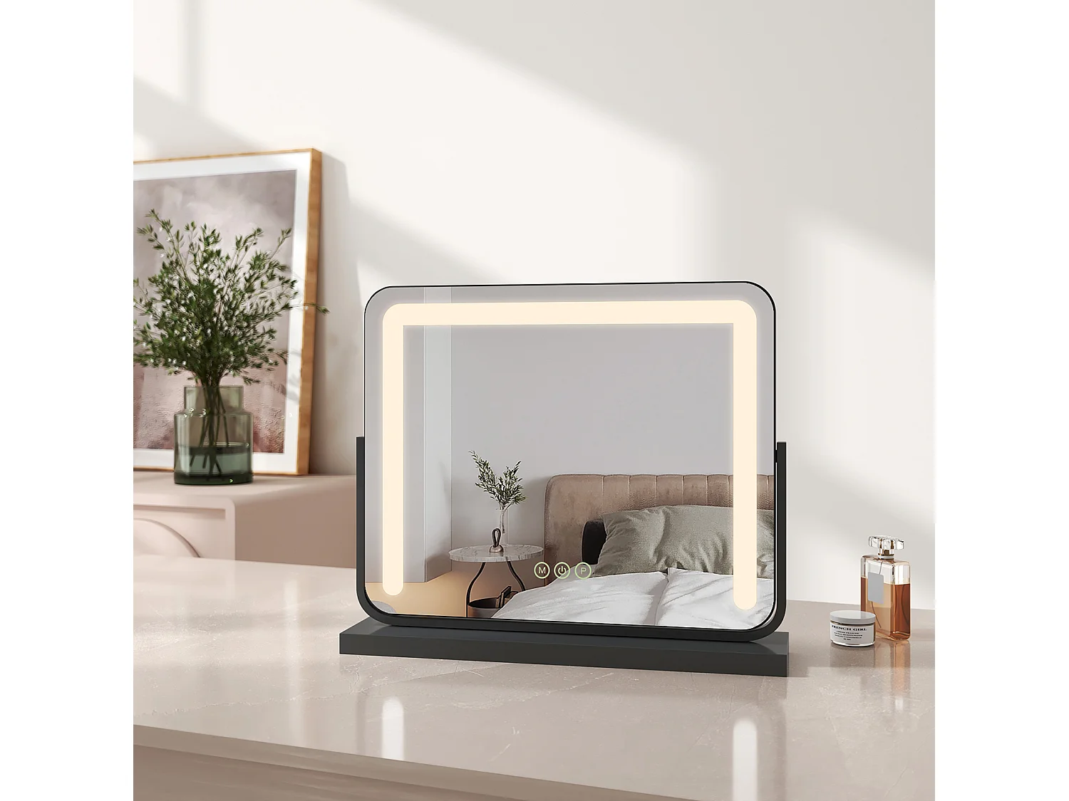 EMKE Miroir cosmétique 50x41.6cm, avec 3 LED de couleur à intensité variable, miroir carré noir orientable sur 360°
