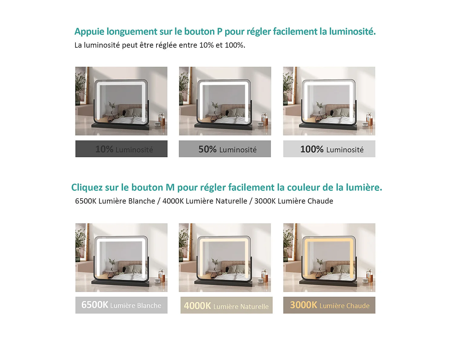 EMKE Miroir cosmétique 50x41.6cm, avec 3 LED de couleur à intensité variable, miroir carré noir orientable sur 360°