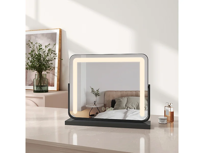 EMKE Miroir cosmétique 50x41.6cm, avec 3 LED de couleur à intensité variable, miroir carré noir orientable sur 360°