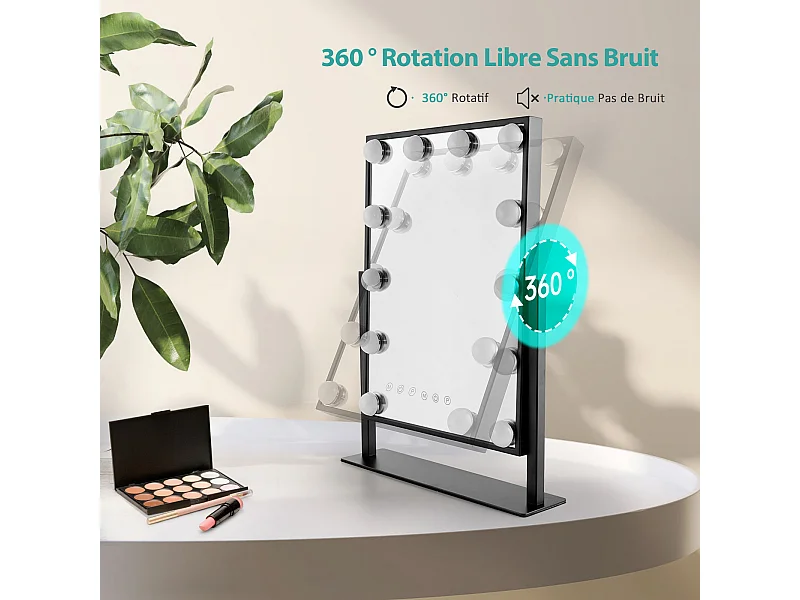 EMKE Hollywood specchio di vanità con luce, 47,5x36,4 cm nero, specchio di vanità girevole a 360°, con 3 luci dimmerabili