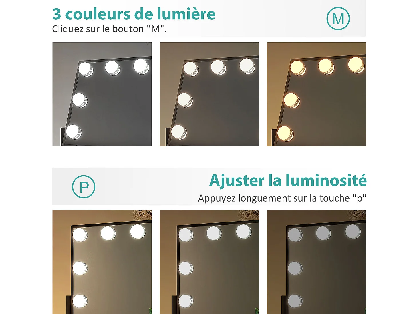 EMKE Hollywood specchio di vanità con luce, 47,5x36,4 cm nero, specchio di vanità girevole a 360°, con 3 luci dimmerabili