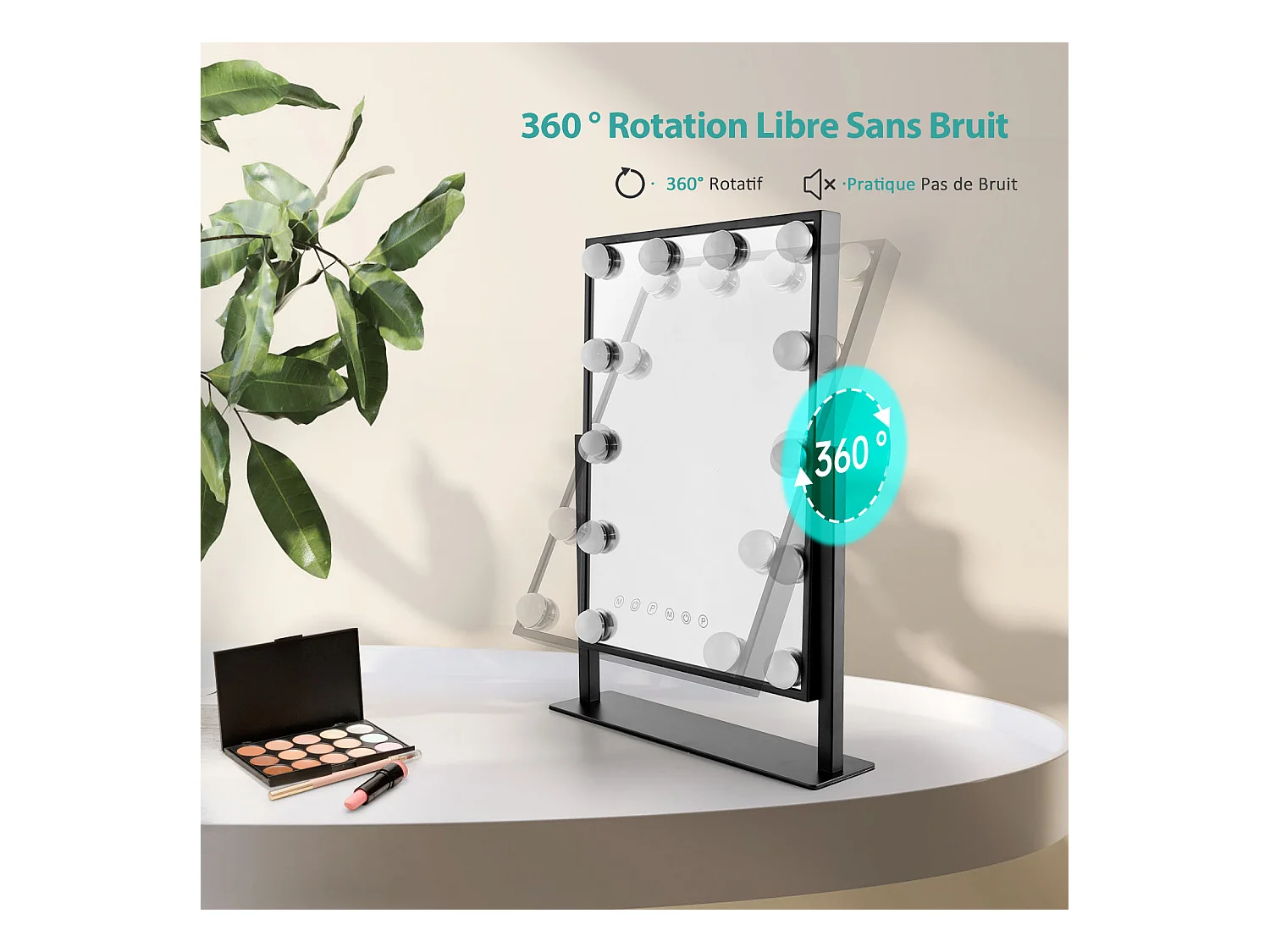 EMKE Hollywood miroir de courtoisie avec lumière, 47.5x36.4cm noir, miroir de coiffeuse pivotant à 360°, avec 3 lumières dimmables