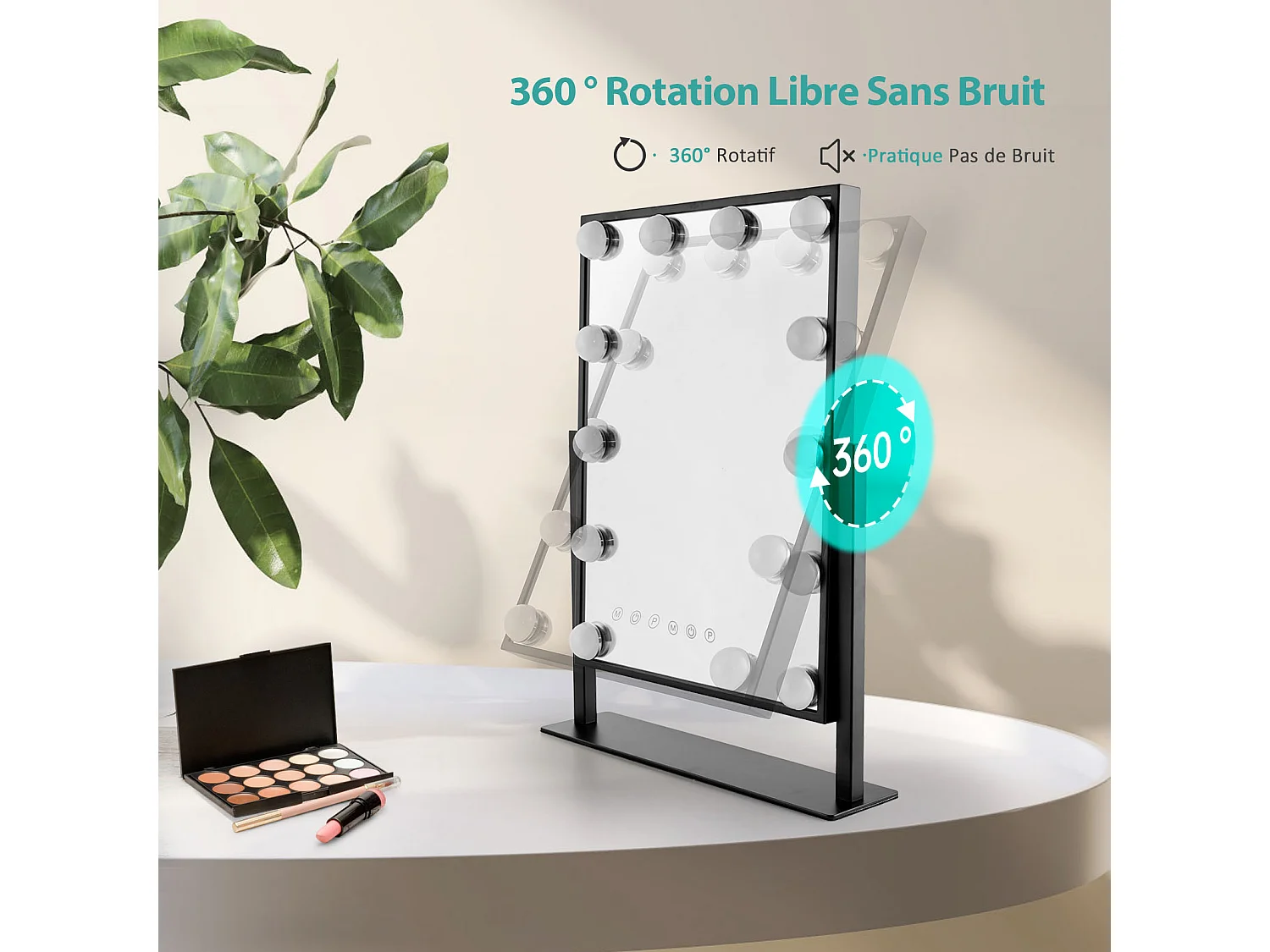 EMKE Hollywood miroir de courtoisie avec lumière, 47.5x36.4cm noir, miroir de coiffeuse pivotant à 360°, avec 3 lumières dimmables